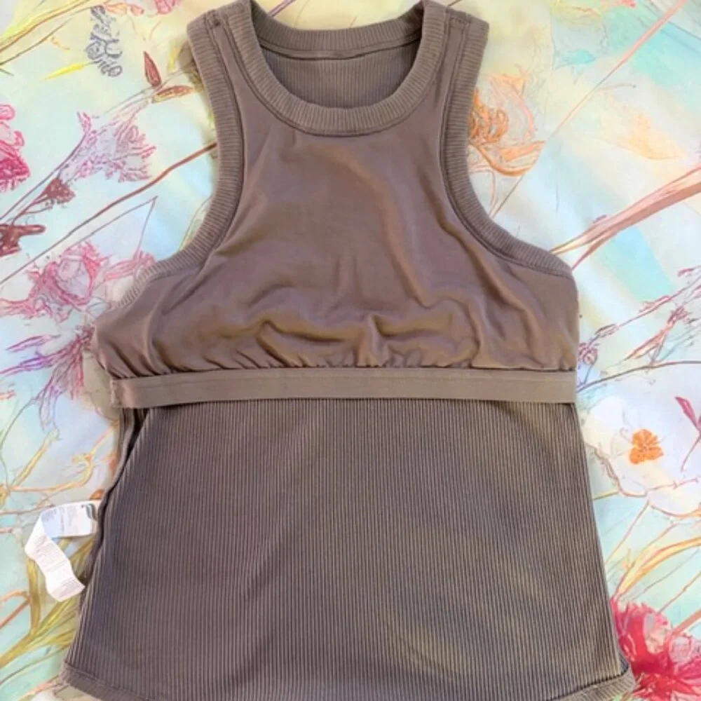 Fabletics High Neck Rib Built-In Bra Tank Desert Shadows Size Extra Large - Picture 7 of 11